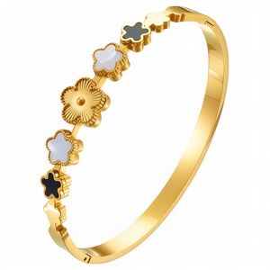 Elegant Gold and Black Floral Bangle FLOWER MEADOW BRACELET 18KGOLD PLATED STEEL
